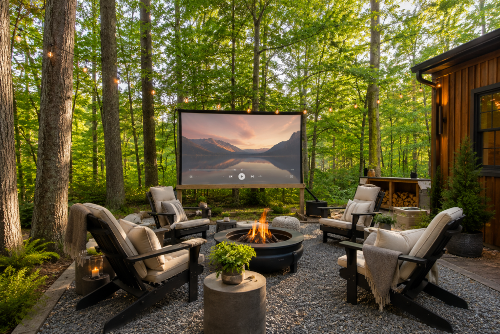 Backyard movie projector in the woods