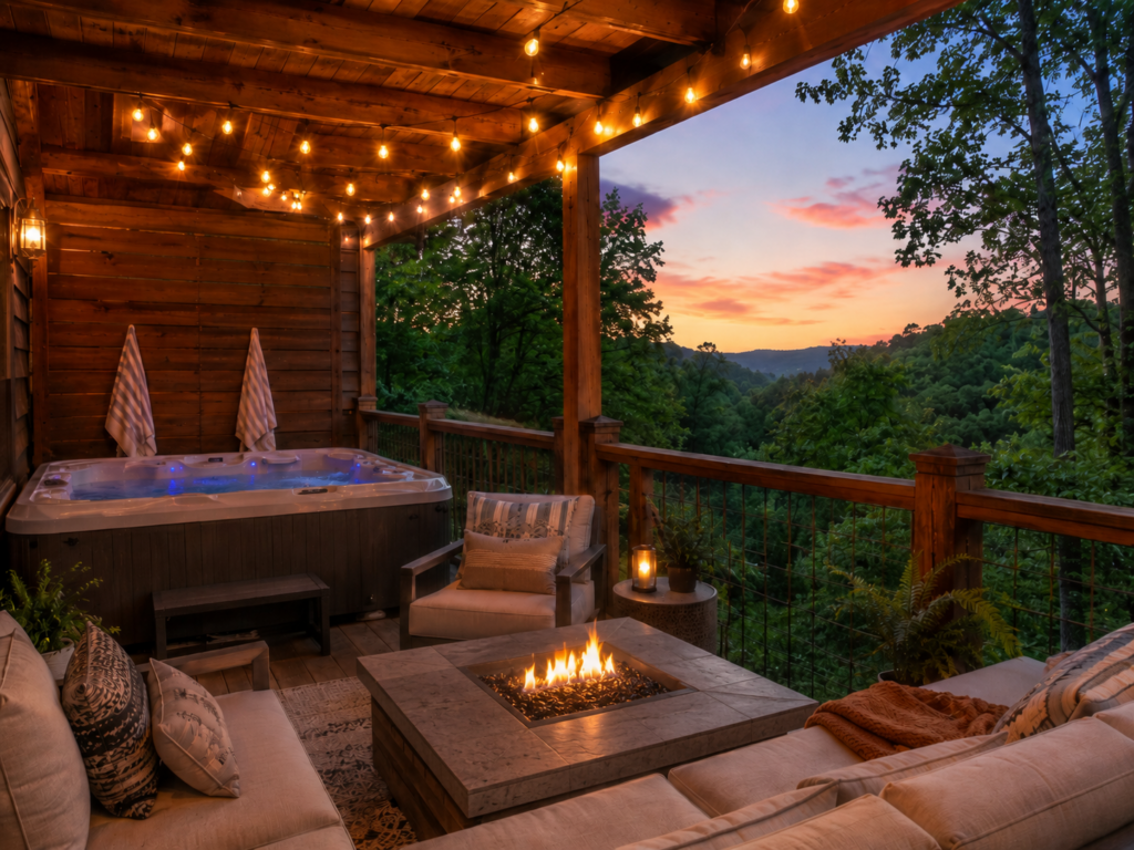 cozy cabin outdoor space with hot tub