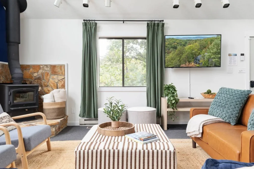 Living room with wood stove in a Basye, Virginia Airbnb rental