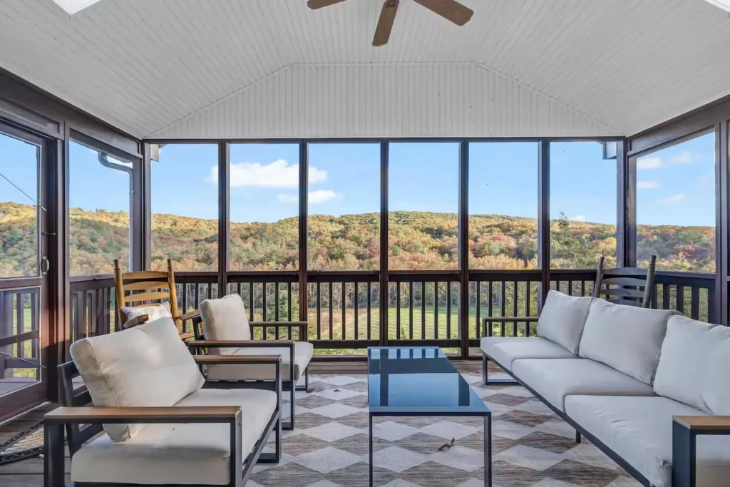 Screened porch overlooking autumn hills near Bryce Resort, Virginia