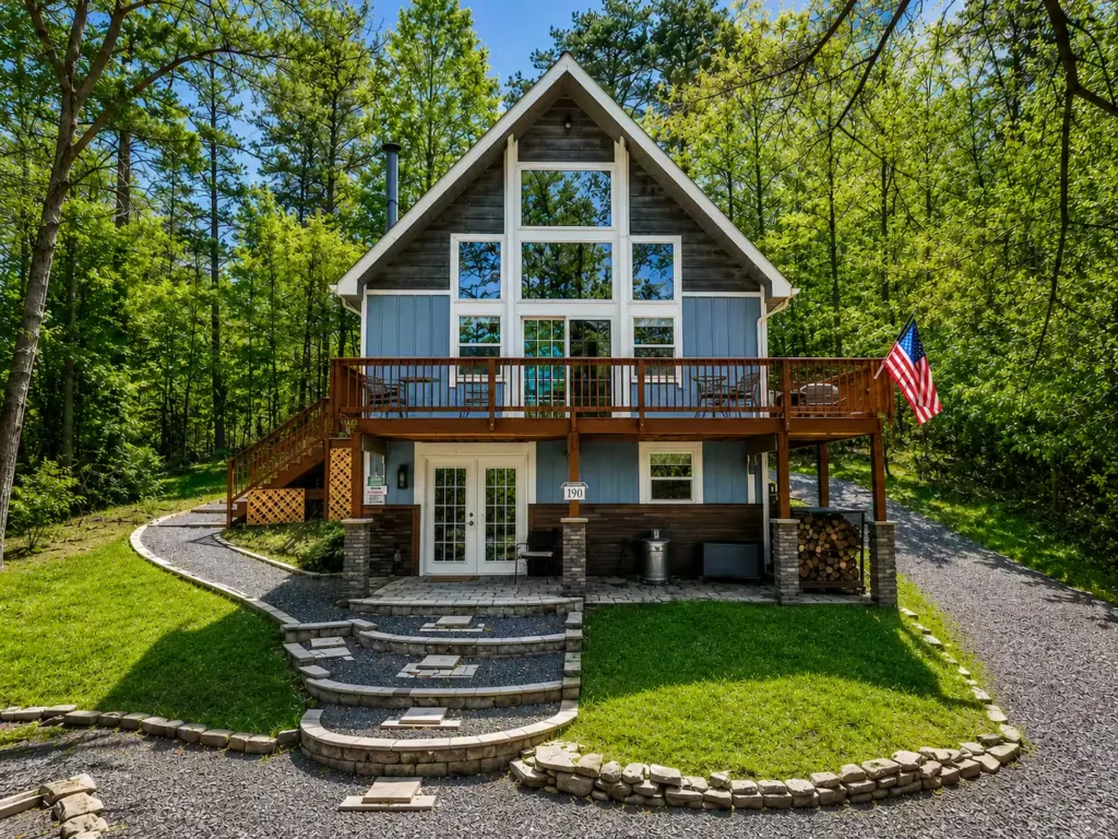 A-frame vacation rental cabin surrounded by woods in the Shenandoah Valley, Virginia