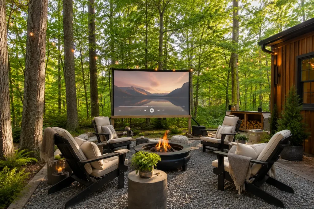 Outdoor movie lounge with fire pit in the woods at a Virginia vacation rental