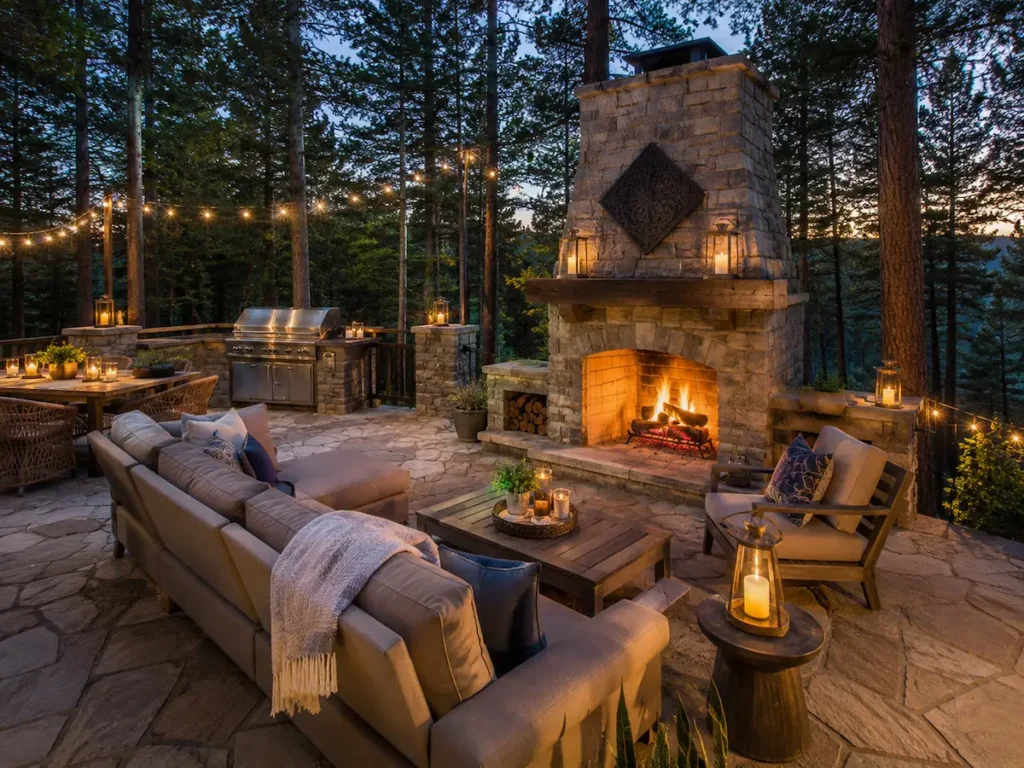 Covered outdoor lounge with stone fireplace at a Bryce Resort, Virginia rental