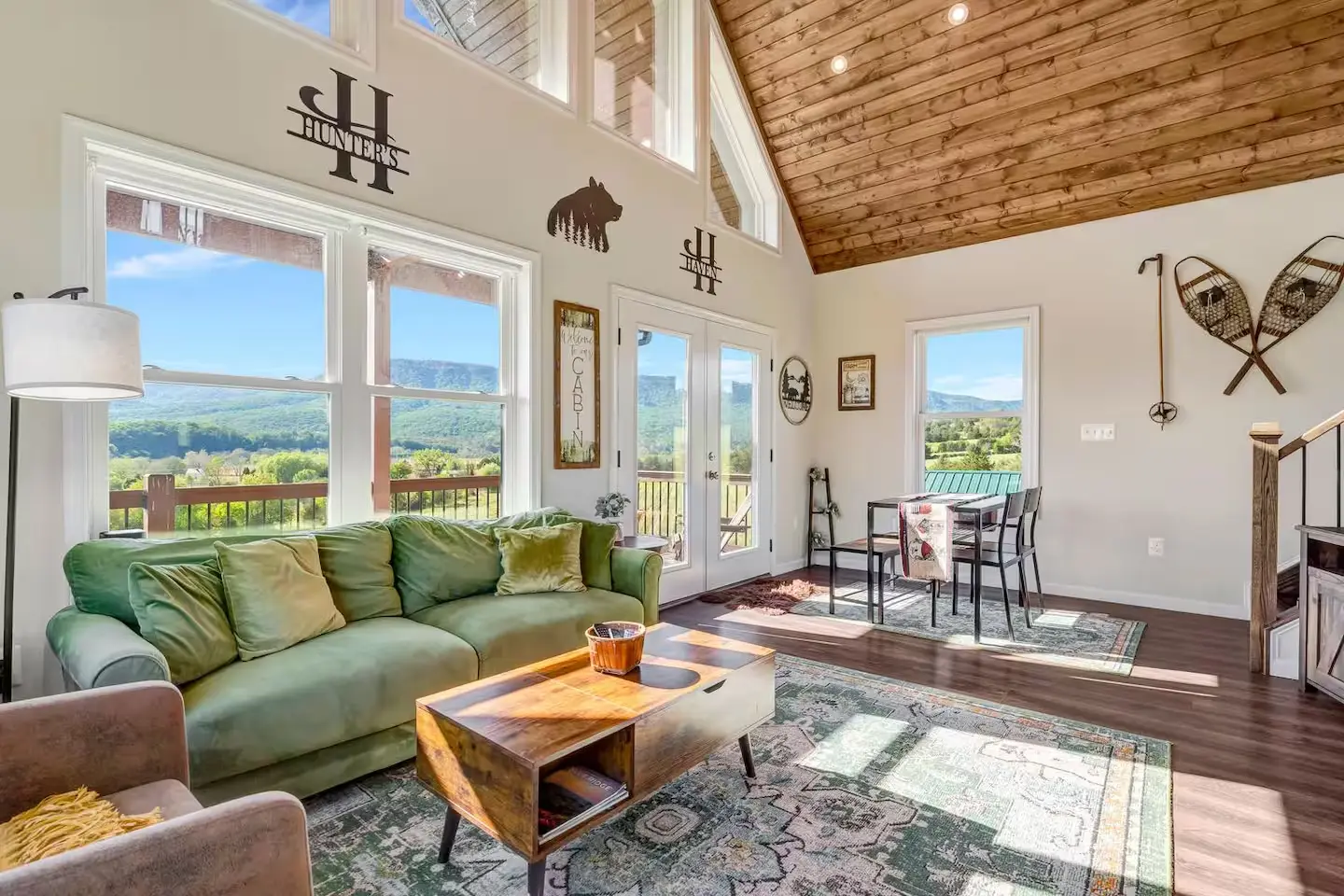 Living room with mountain views at a Page County, Virginia cabin rental