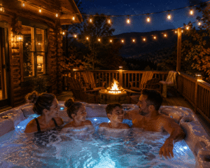 family enjoying hot tub