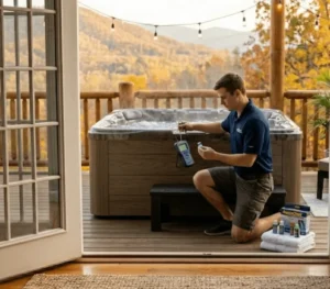 KBR Co-Hosting technician testing hot tub water at a Shenandoah Valley cabin rental
