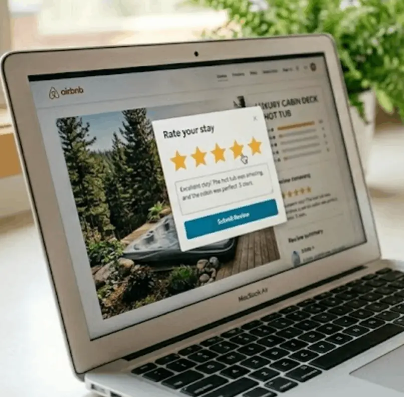 Airbnb guest leaving a five-star review for a cabin rental with a hot tub