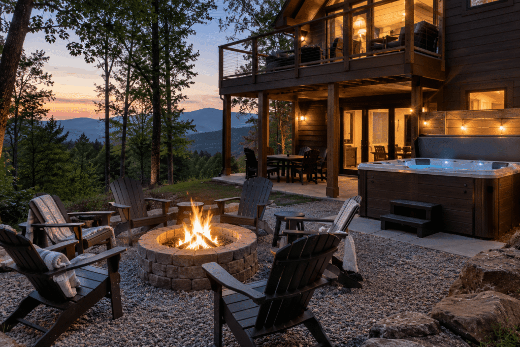 cabin fire pit and hot tub