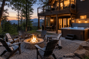 cabin fire pit and hot tub